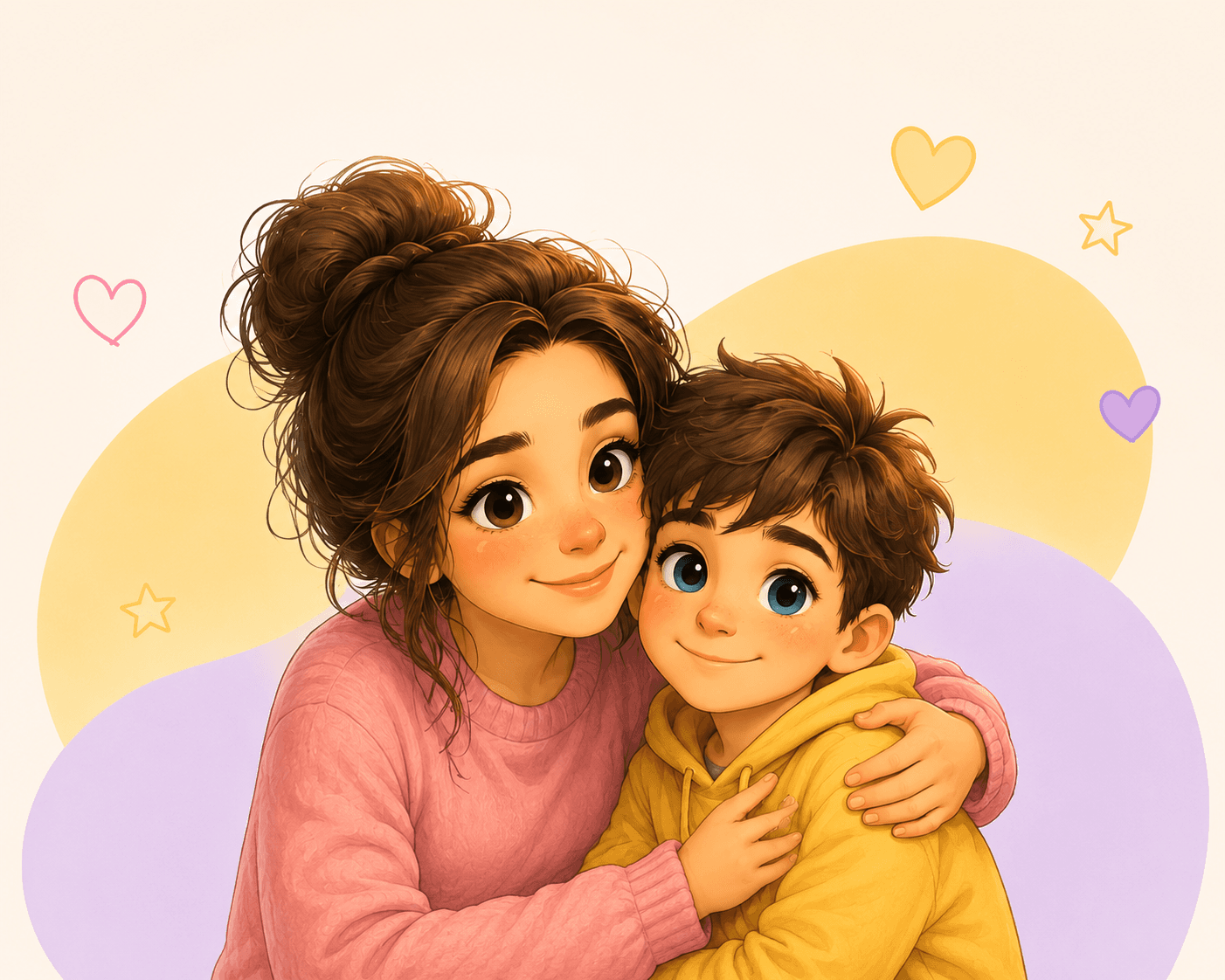 Mamá y niño tranquilos mirando al usuario