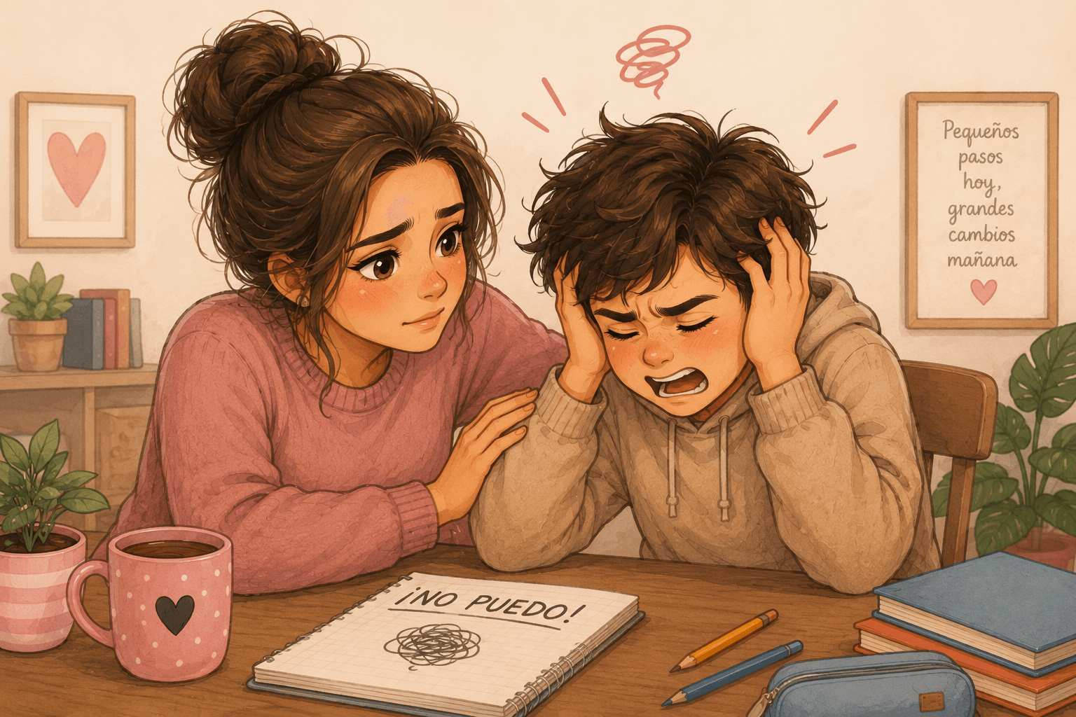 Niño frustrado y mamá intentando ayudar